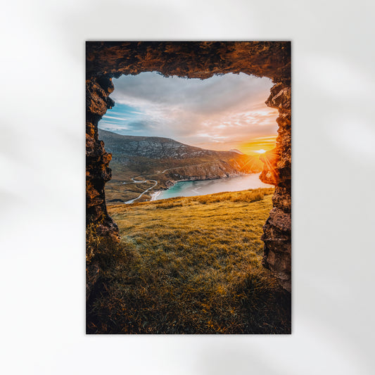 Irish landscape photo wall art featuring Keem Bay glowing at golden hour.