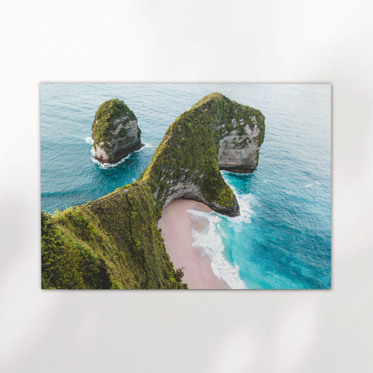 Unframed aerial photography print of Kelingking Beach Nusa Penida Bali on white background