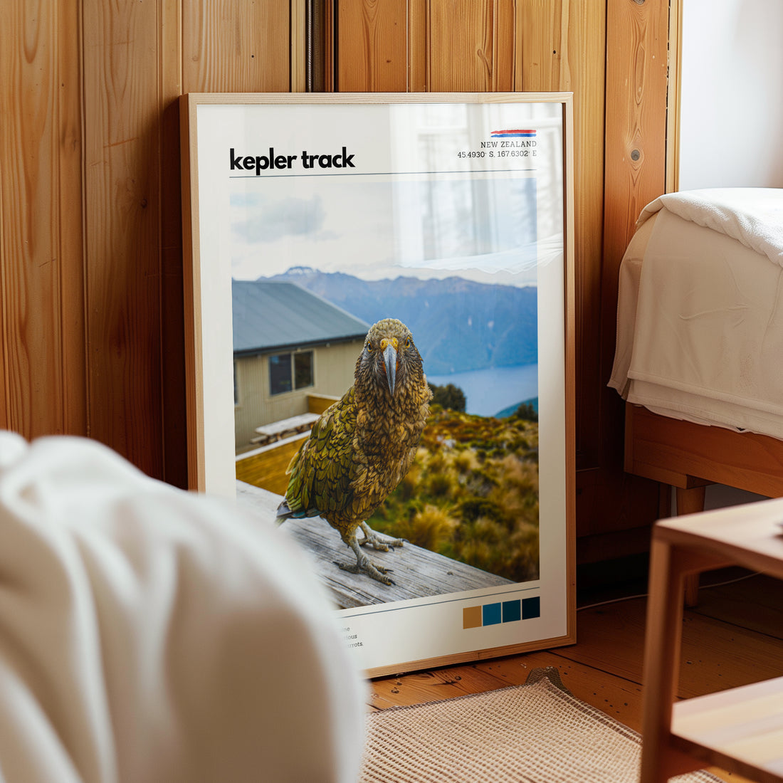 Kepler Track kea wall art print styled in a modern home interior