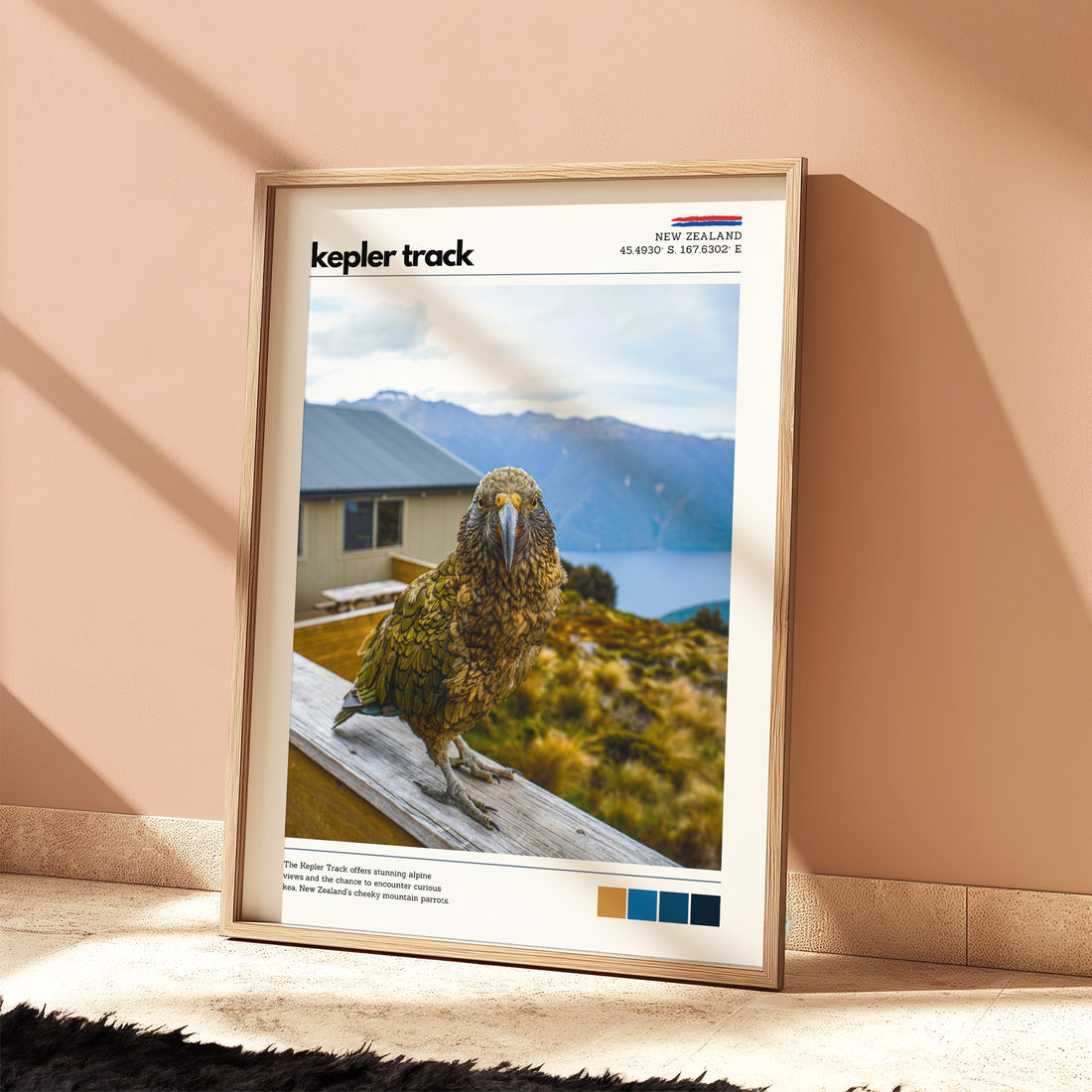 Kepler Track kea wall art print styled on a floor