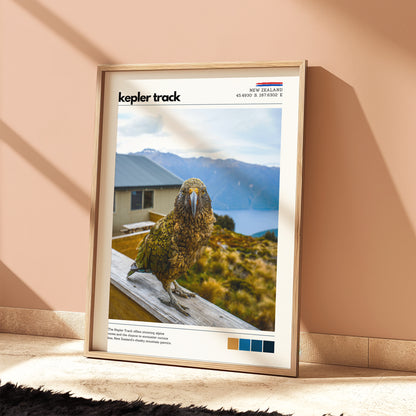 Kepler Track kea wall art print styled on a floor