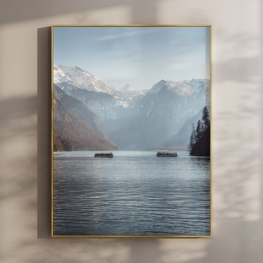 Scenic wall art print of Königssee lake with boats and mountain backdrop
