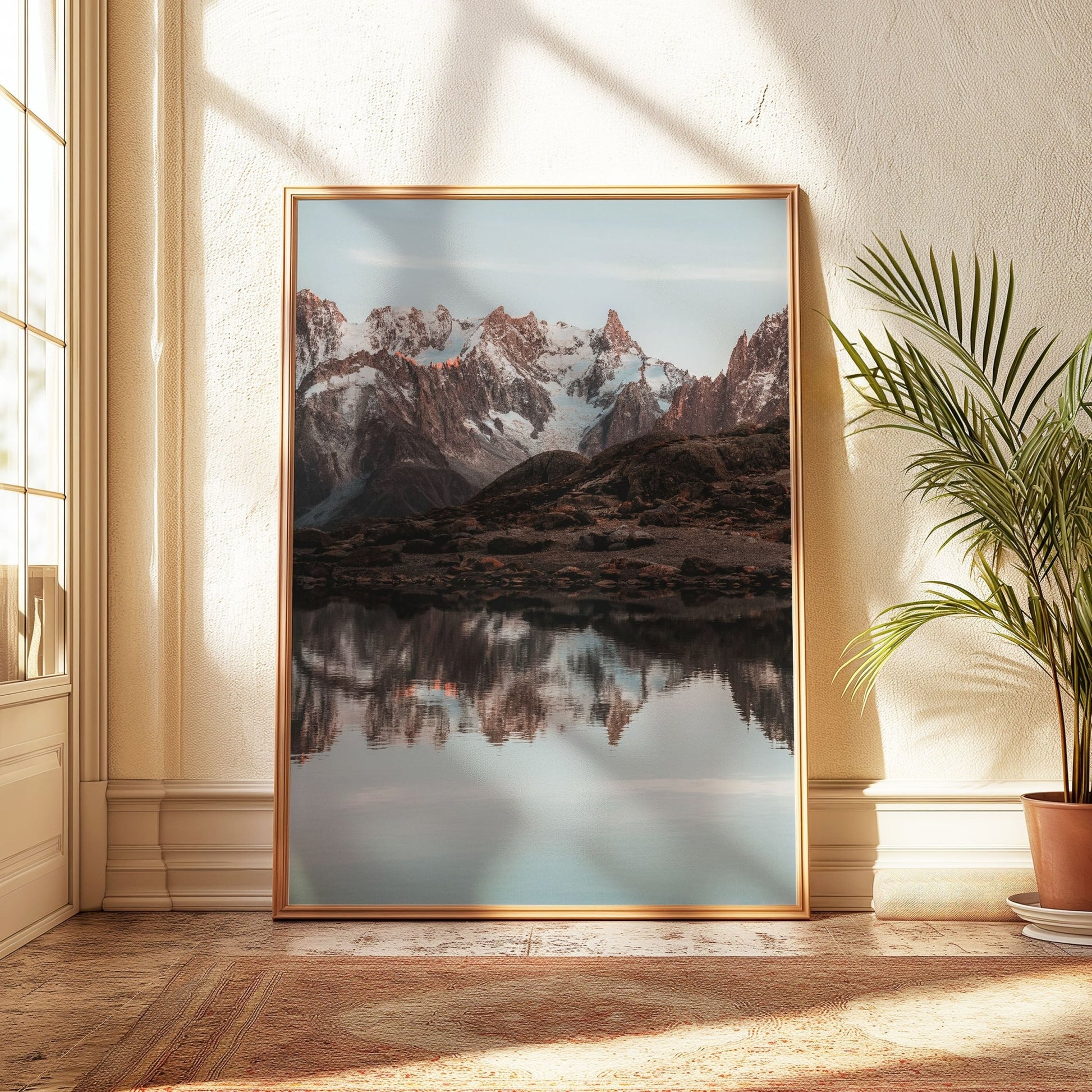 Framed print of Lac Blanc with a serene reflection of Mont Blanc and rocky terrain.