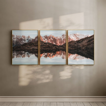 Gallery-style arrangement of three Lac Blanc wall art prints in elegant gold frames.