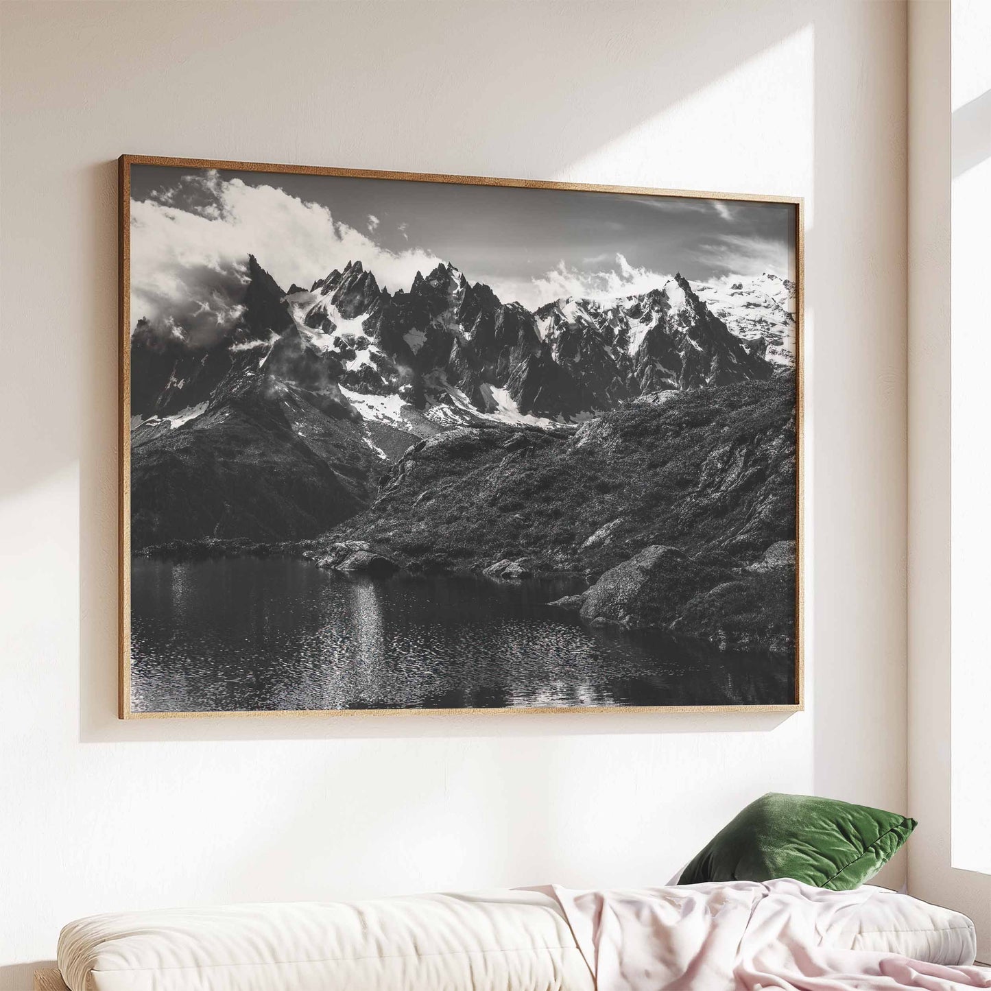 Minimalistic wall art print of Lac Blanc with a stylish frame