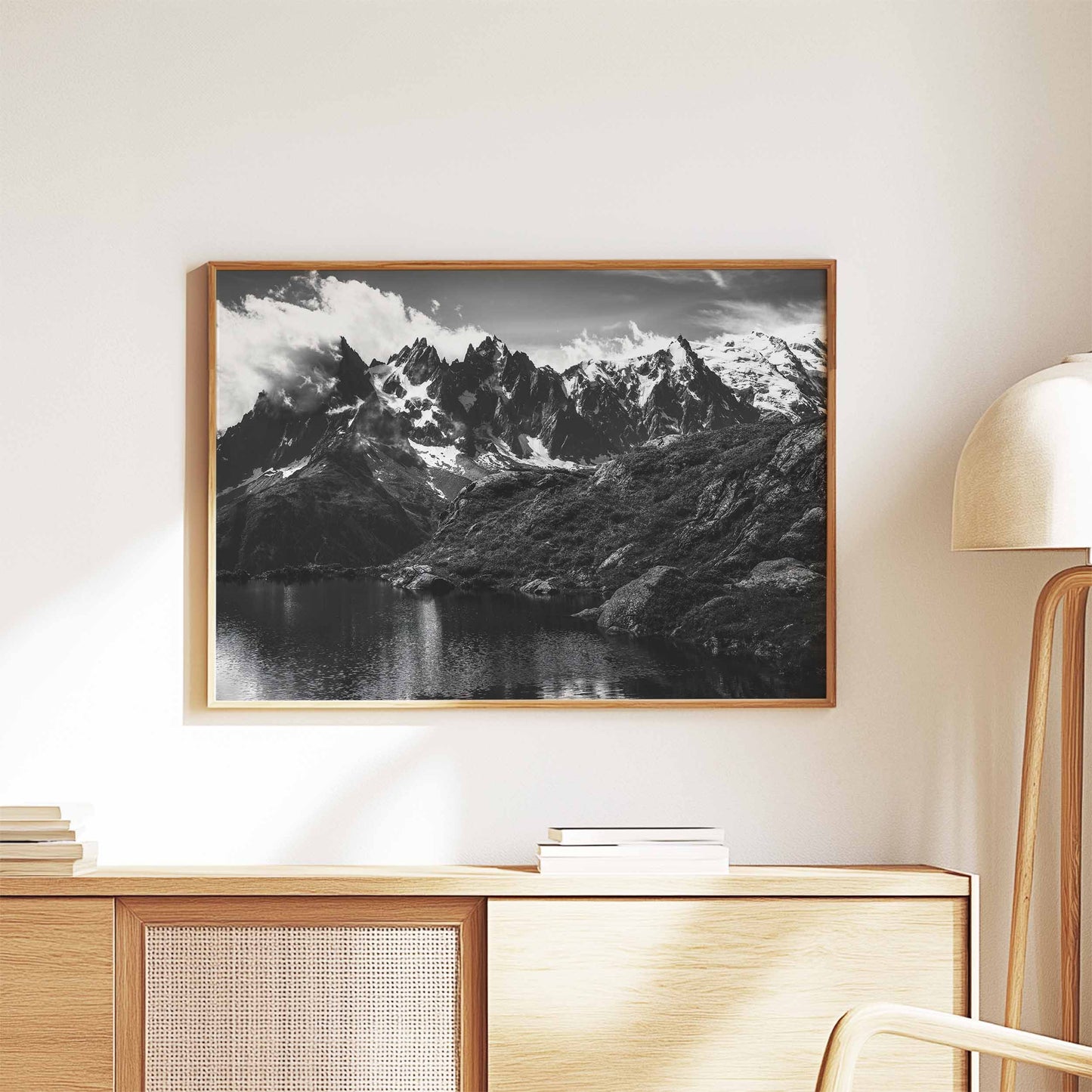 Modern framed Lac Blanc wall art with snowy peaks