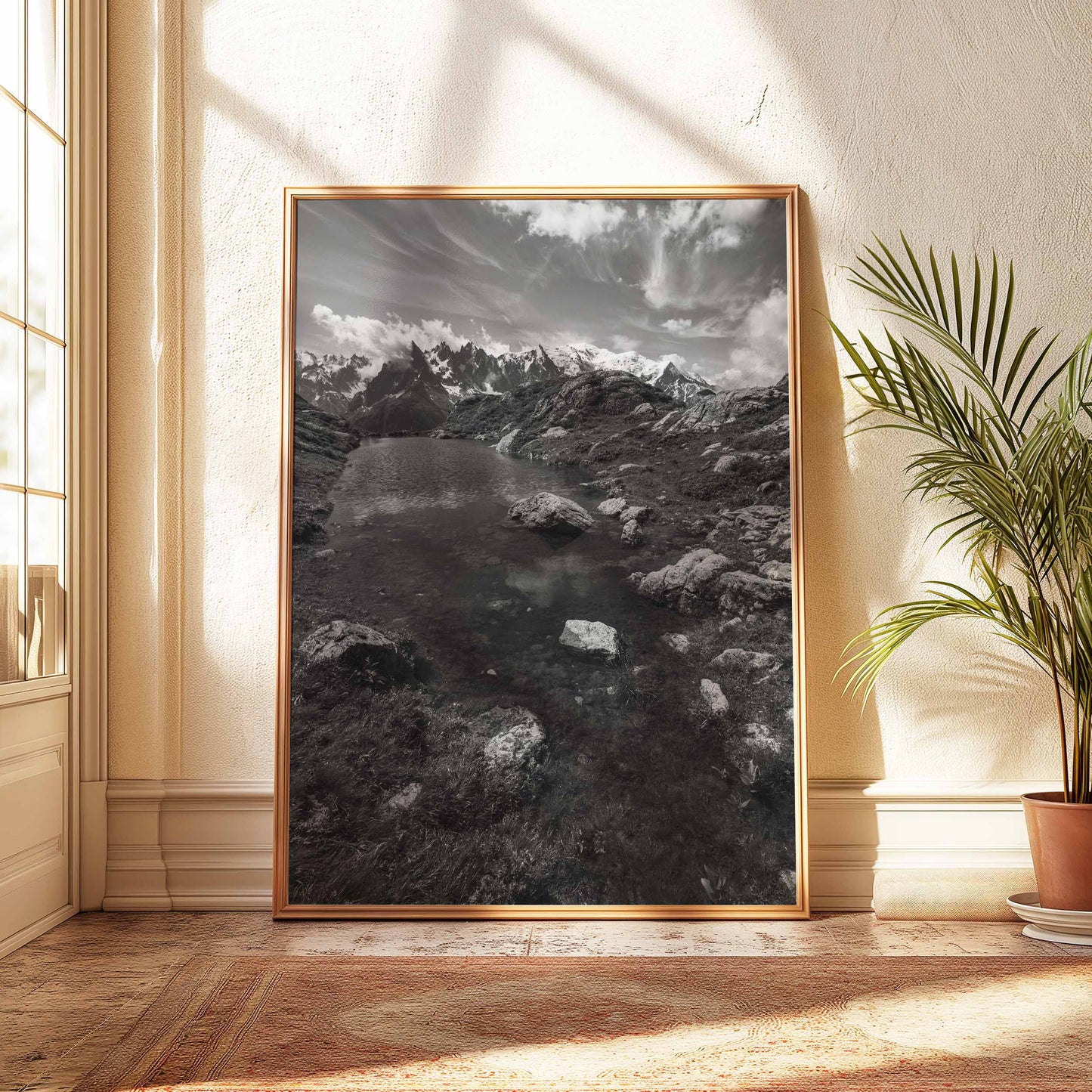 Elegant black and white wall art showcasing Lac de la Flégère with sharp mountain reflections.