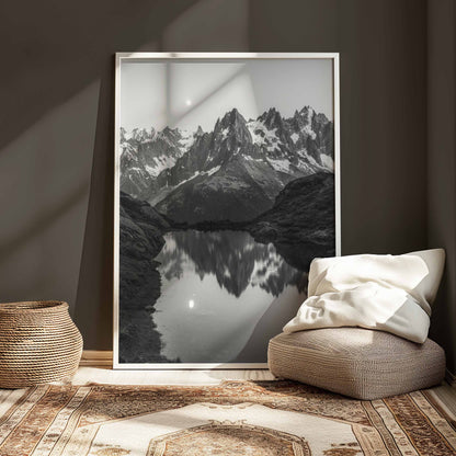 Monochrome framed print of Lac de la Flégère, featuring serene reflections of Alpine mountains.