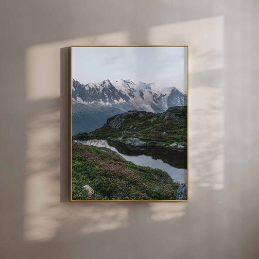 Stunning view of Lac de la Flégère with vibrant wildflowers and Mont Blanc reflections, Chamonix, France.