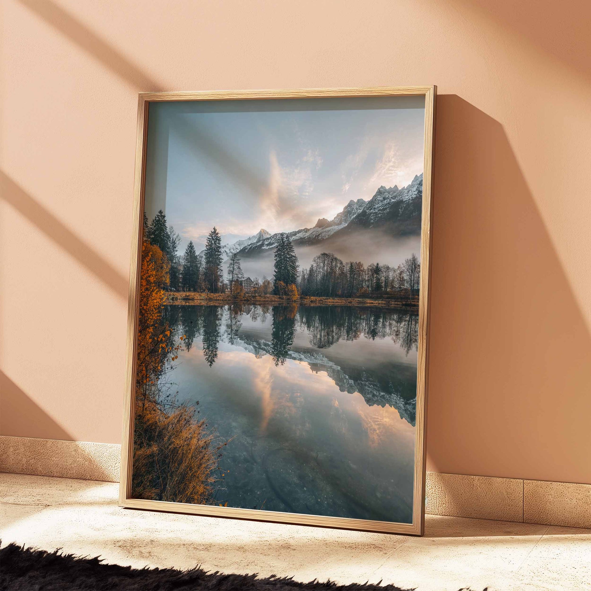 Lac des Gaillands autumn reflection print with soft light and vibrant nature tones, framed in light wood.