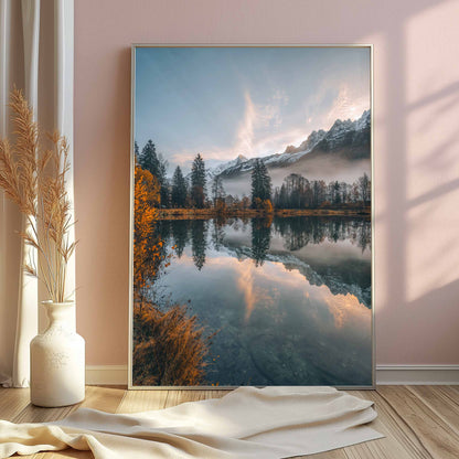 Contemporary framed print of Lac des Gaillands with a minimalist design, featuring golden trees and alpine reflections.