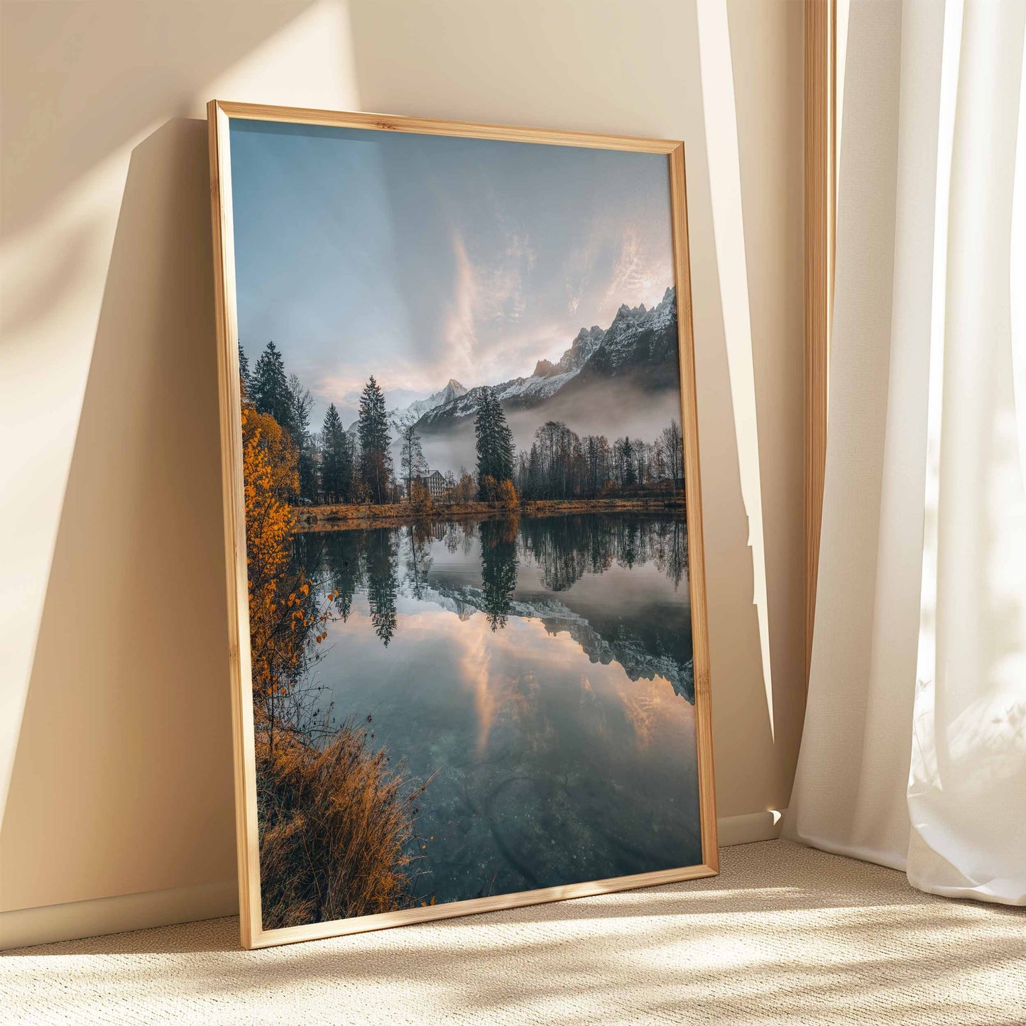 Pastel hues of Lac des Gaillands at sunrise in autumn, with a stylish modern frame, perfect for home decor.