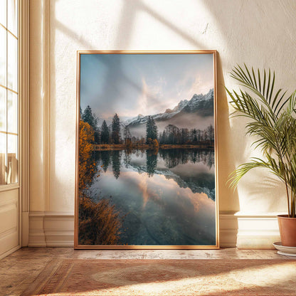 Warm golden tones of Lac des Gaillands, captured at sunrise in Chamonix, set in a natural wood frame.