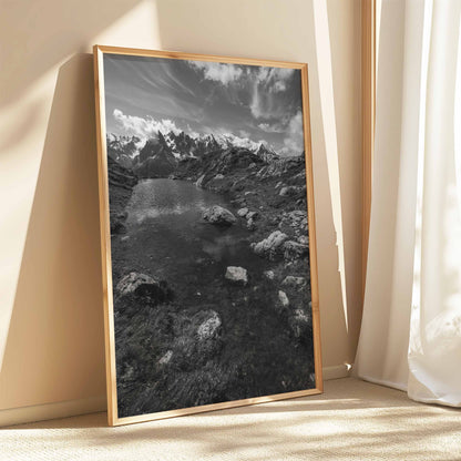 Black and white photography of Lac Flégère in Chamonix, highlighting its natural beauty.