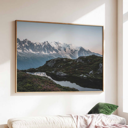 Chamonix Lac de la Flégère landscape wall art with Mont Blanc in the background, featured in a natural wood frame.