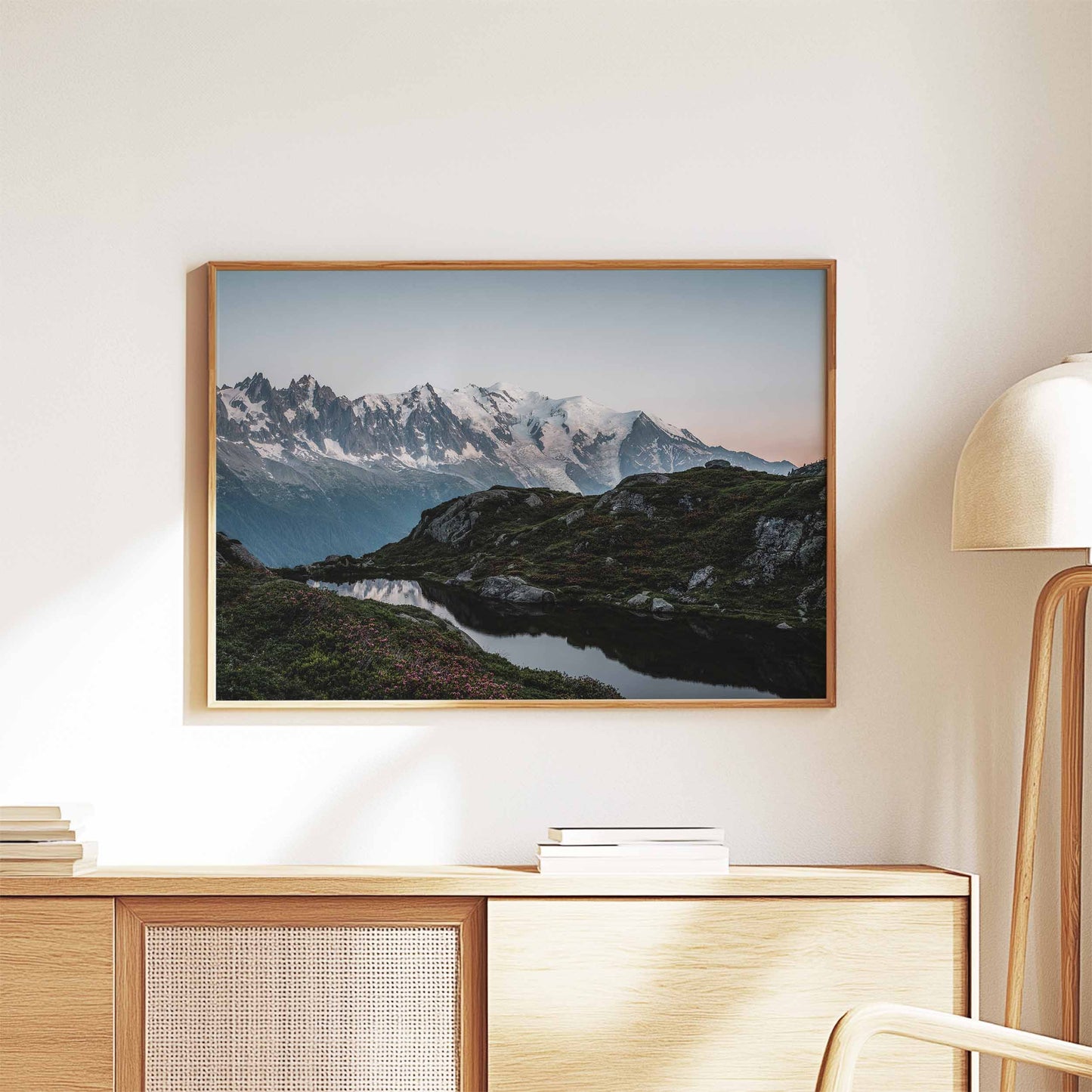 Mont Blanc sunrise landscape seen from Lac de la Flégère in Chamonix, wall art displayed in an oak frame.