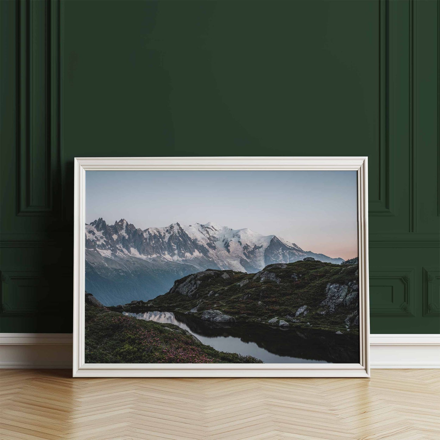 White-framed wall art print of Lac de la Flégère in Chamonix with Mont Blanc visible during sunrise.