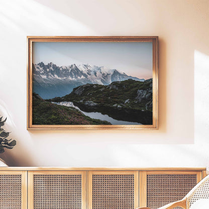 Wood-framed landscape wall art of Lac de la Flégère in Chamonix with a Mont Blanc sunrise view.