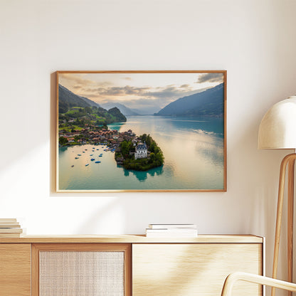 Swiss village of Iseltwald and Lake Brienz in calm morning light, perfect for nature wall decor.