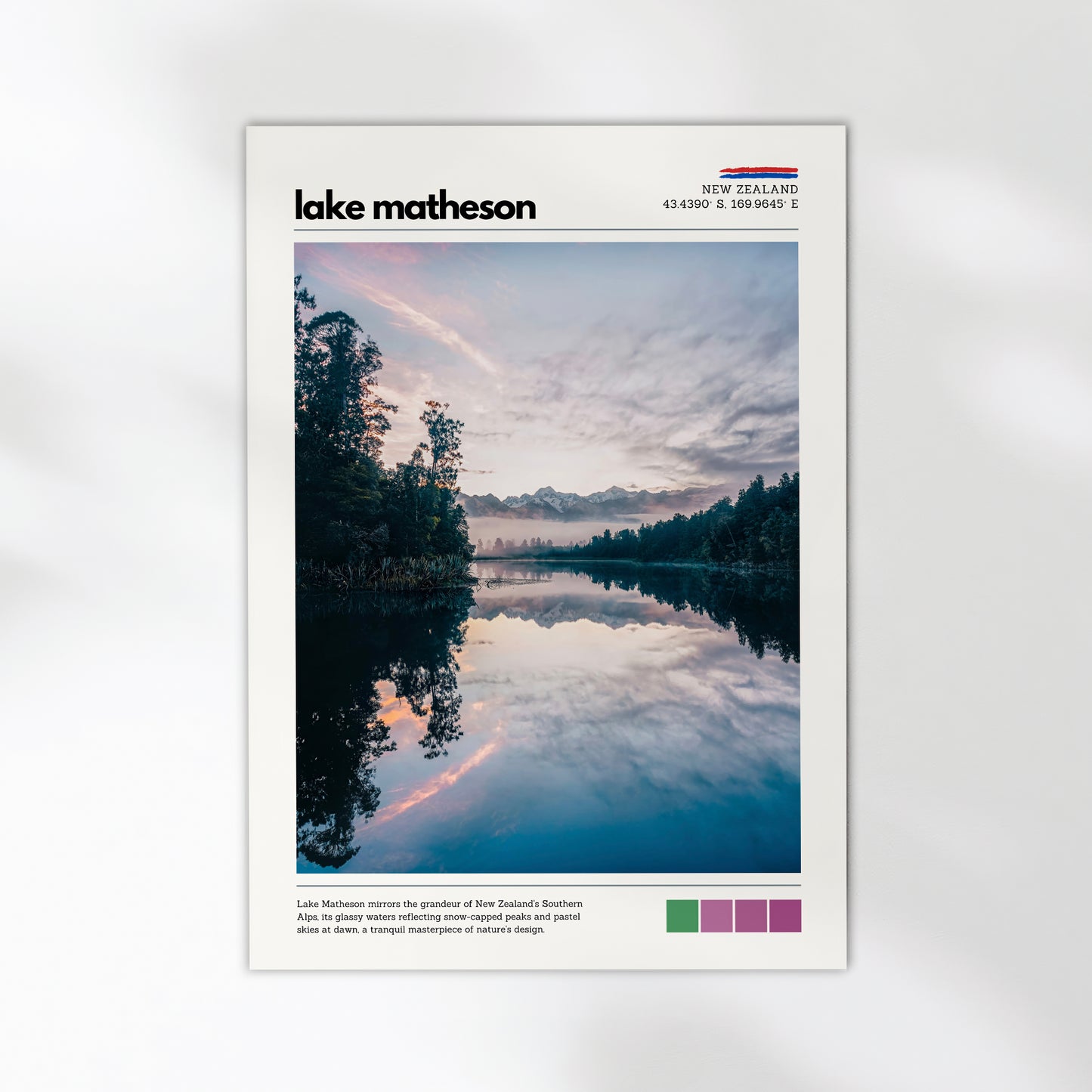 Lake Matheson landscape poster with calm morning reflections and pastel sky