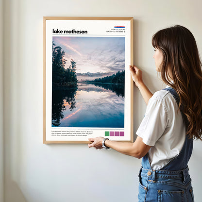 Lake Matheson wall art displayed in a minimalist home interior