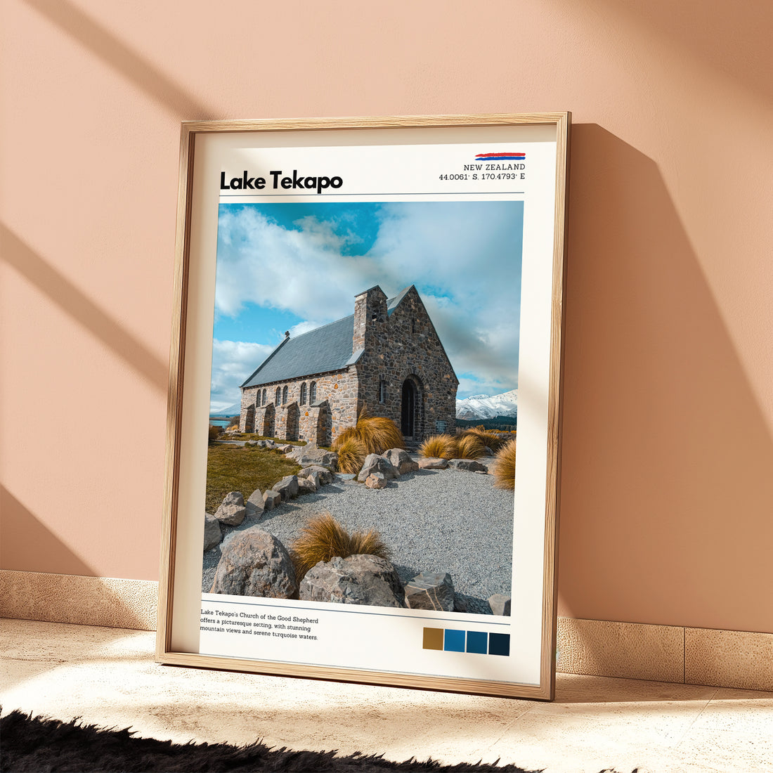 Framed Lake Tekapo Church of the Good Shepherd wall art being positioned indoors
