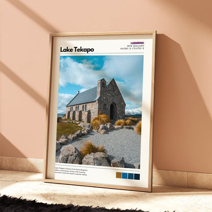 Framed Lake Tekapo Church of the Good Shepherd wall art being positioned indoors