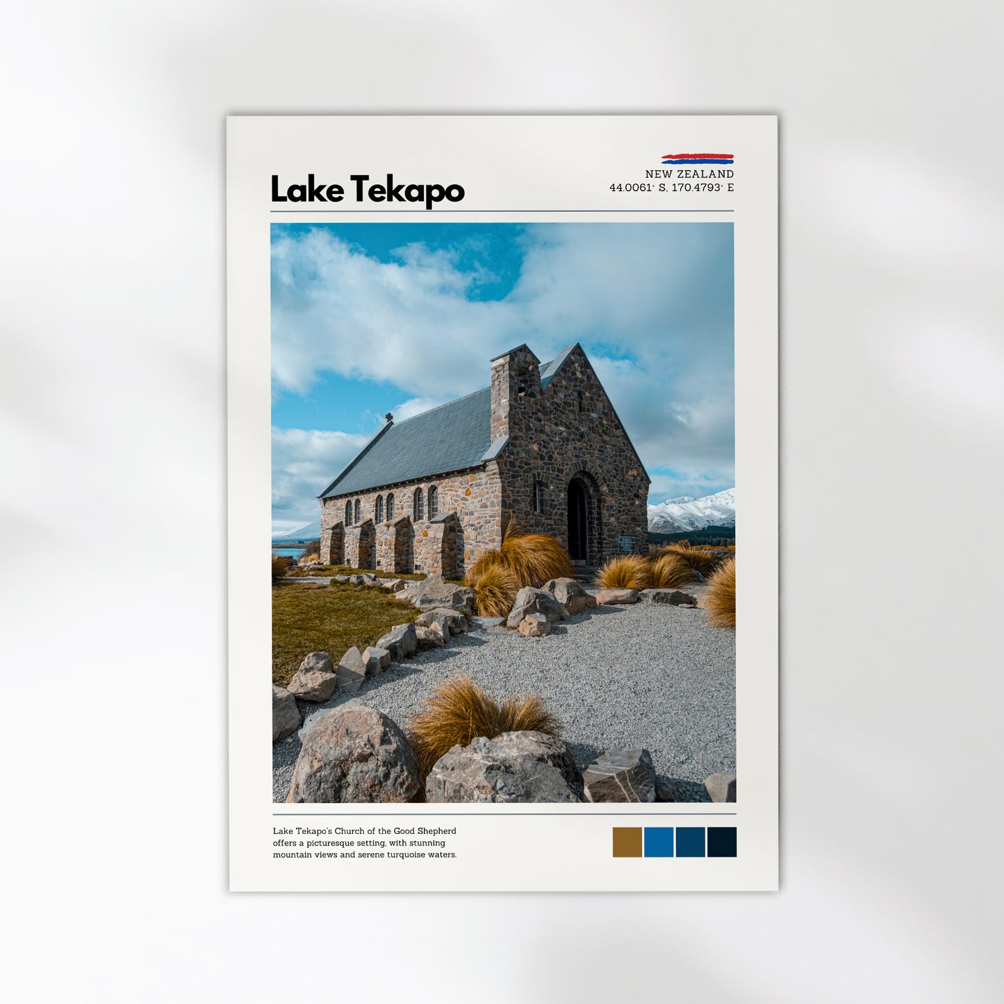 Lake Tekapo Church of the Good Shepherd wall art styled in a minimalist interior