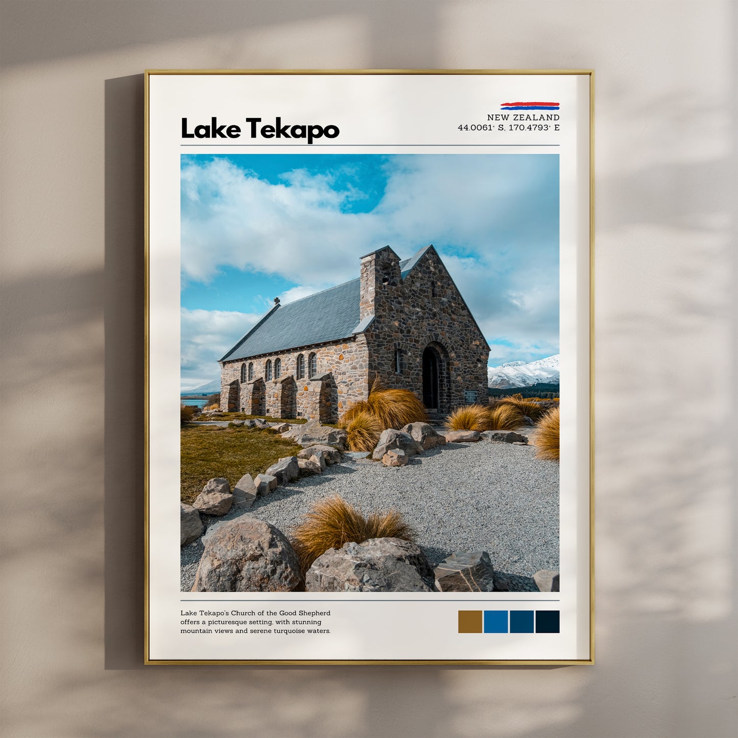 Lake Tekapo wall art print featuring the Church of the Good Shepherd in New Zealand’s South Island