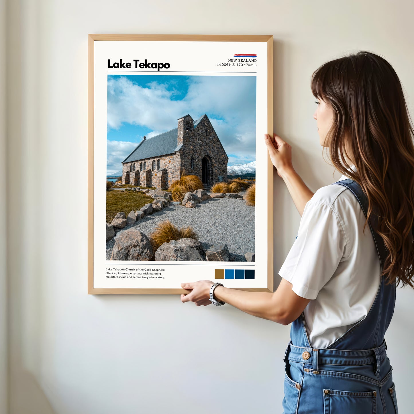 Church of the Good Shepherd Lake Tekapo wall art displayed on a living room wall