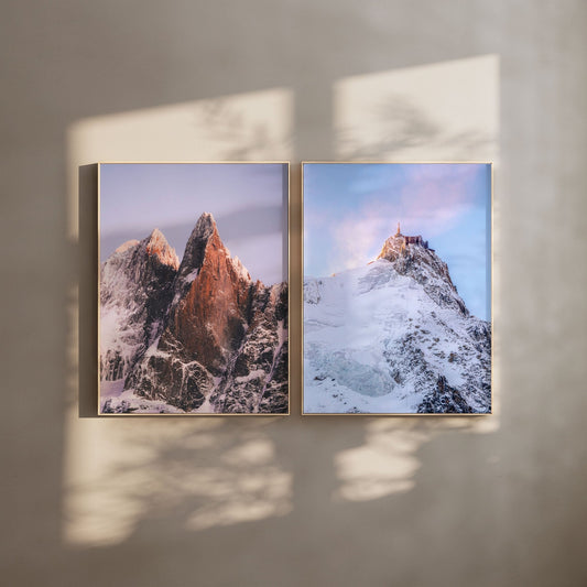 Les Drus and Aiguille du Midi at sunset, stunning alpine mountain photography wall art.