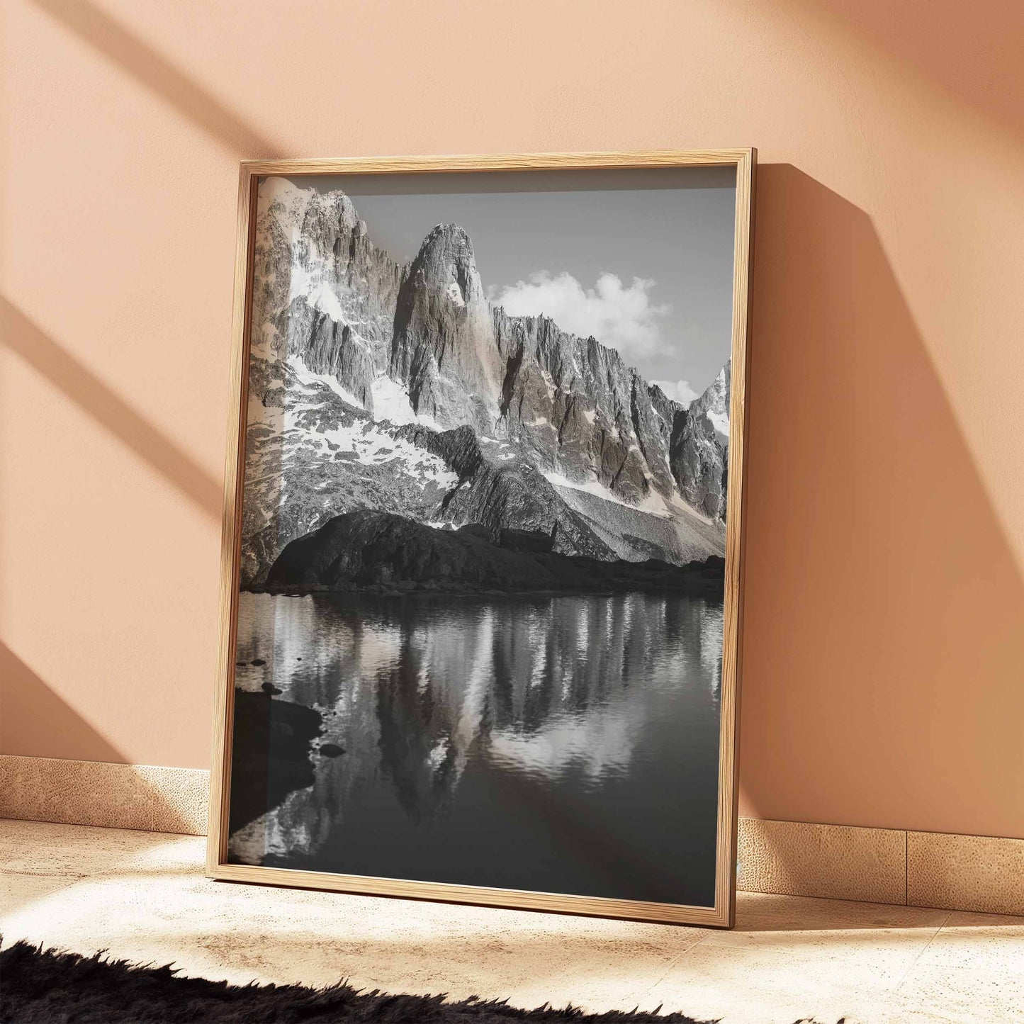 Decorative wall art featuring the striking Les Drus mountain in monochrome.