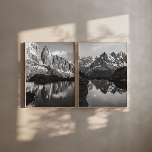 Black and white photograph of Les Drus reflecting in Lac de la Flégère in the French Alps