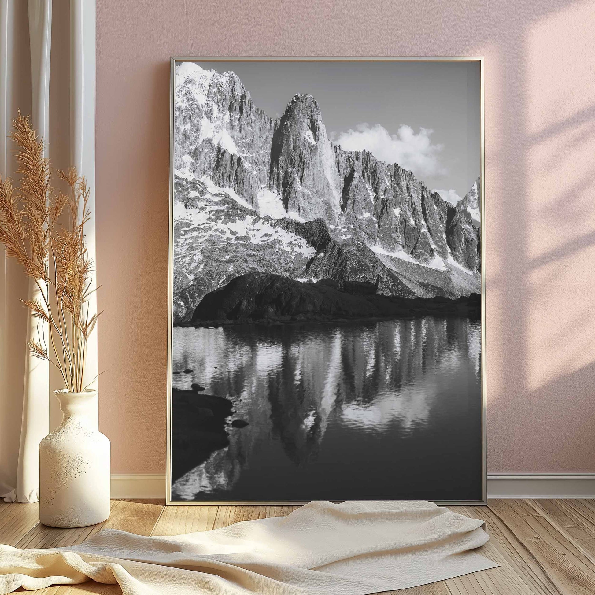 Fine art print of Les Drus mountain's dramatic peaks and reflections in Chamonix, France.