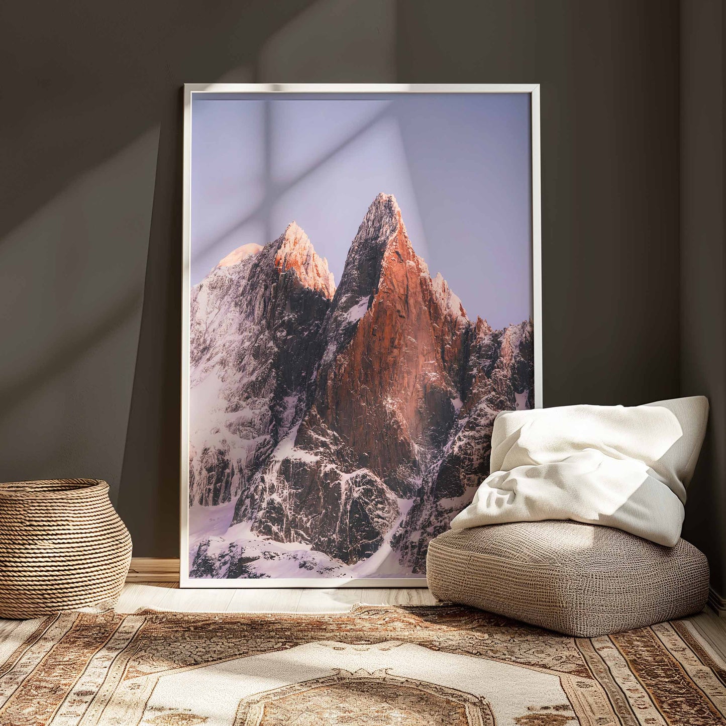 Majestic view of Les Drus with sharp rugged peaks glowing at dusk in the Mont Blanc massif.