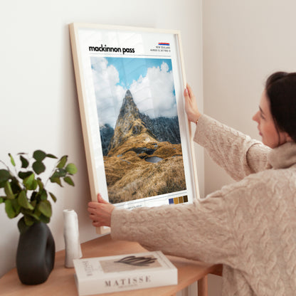 Mackinnon Pass wall art being styled in a calm, modern home setting