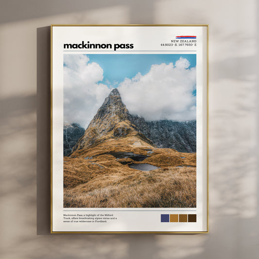 Mackinnon Pass wall art print featuring dramatic alpine scenery on New Zealand’s Milford Track