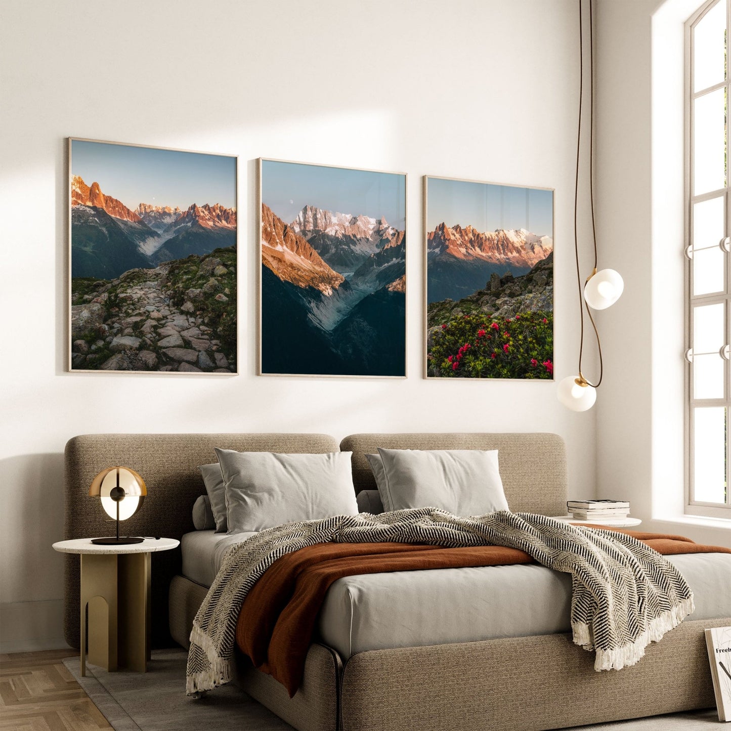 Bedroom gallery featuring three stunning Massif du Mont Blanc wall art prints