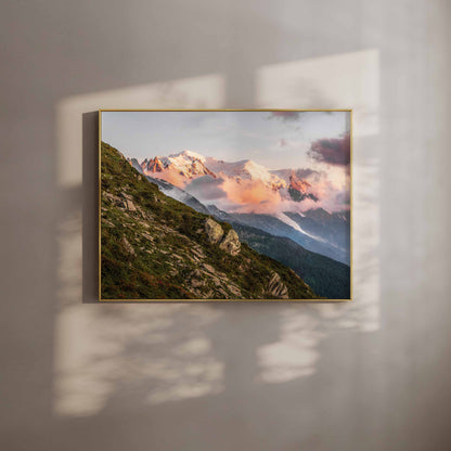 Gold framed wall art of the Mont Blanc massif at sunset