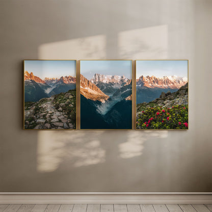 Wall art set showcasing the Massif du Mont Blanc in a beautiful triptych design