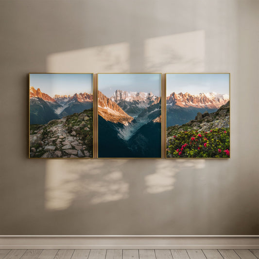 Wall art set showcasing the Massif du Mont Blanc in a beautiful triptych design