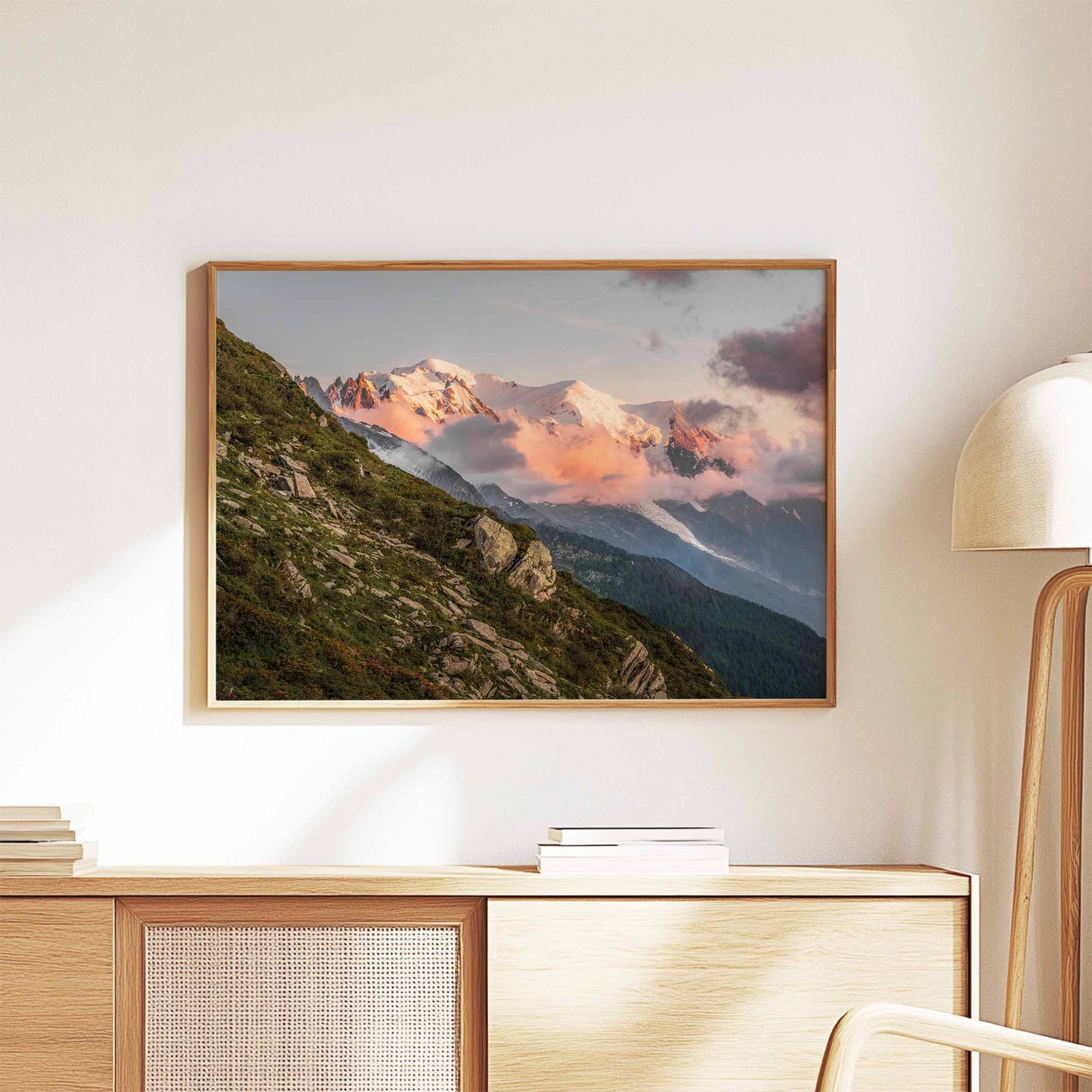 Wooden framed Mont Blanc massif wall art with a warm natural setting