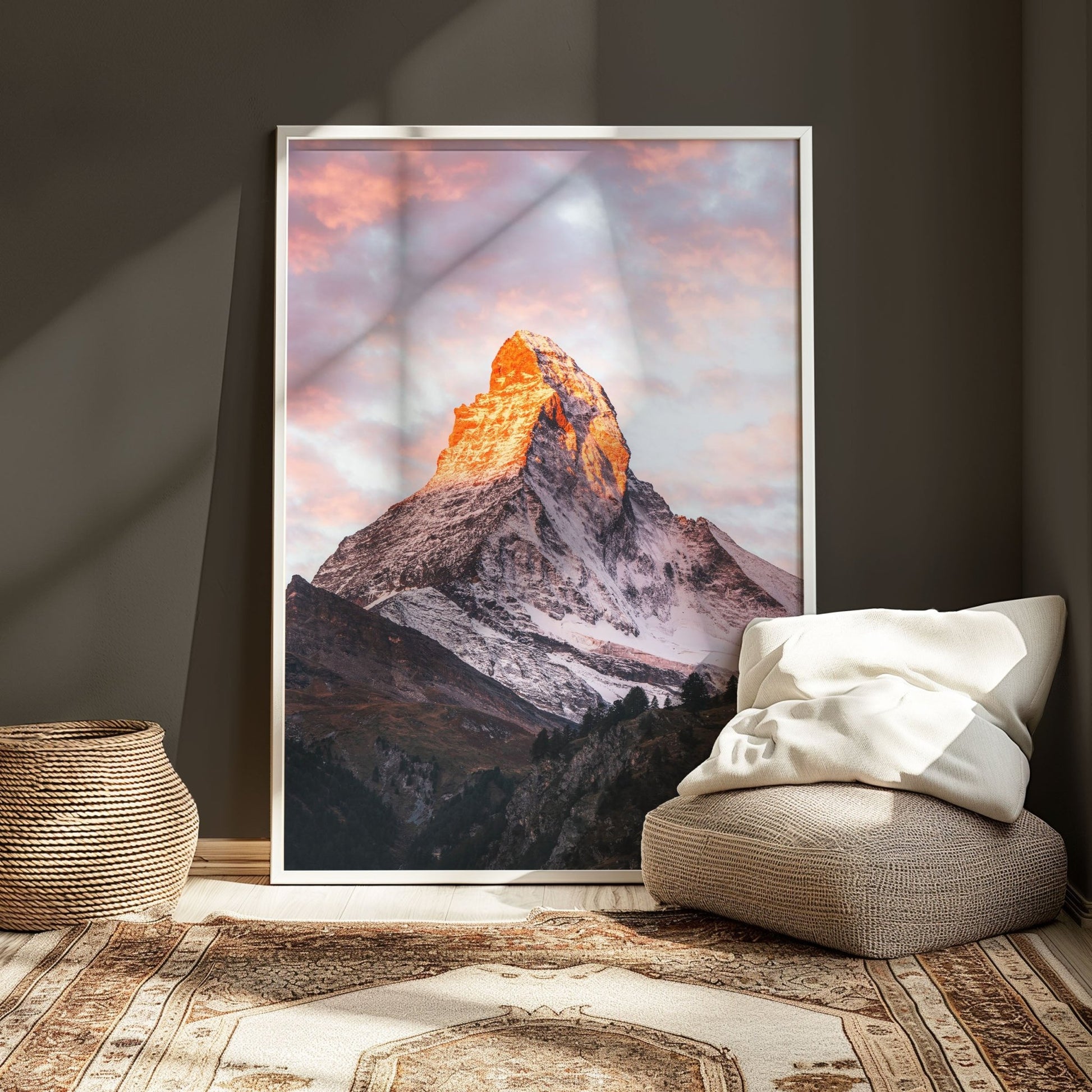 Neutral-framed photo of the Matterhorn glowing at sunset with pastel skies and alpine charm.