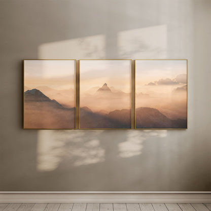 Gallery-style arrangement of Mont Blanc and Matterhorn sunrise wall art in gold frames.