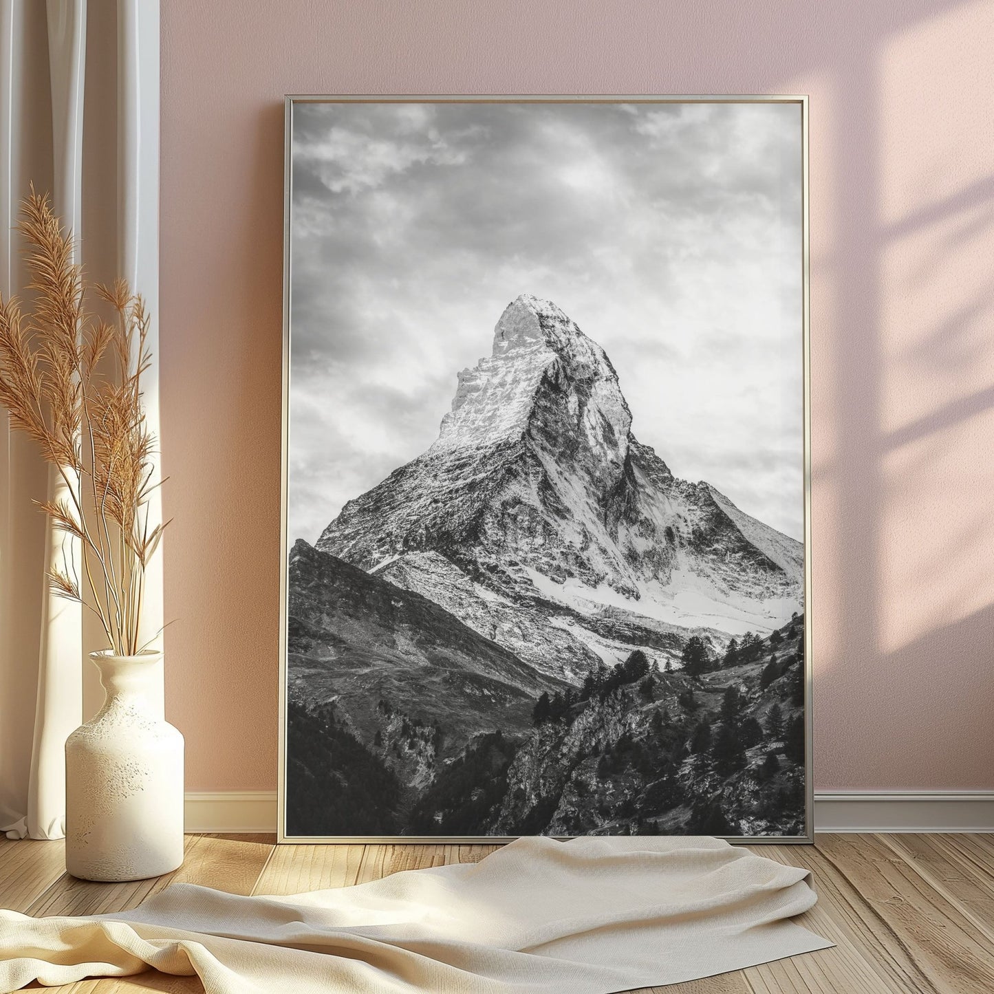 Stylish Matterhorn photo in a silver frame, set in a soft, natural corner with light accents.