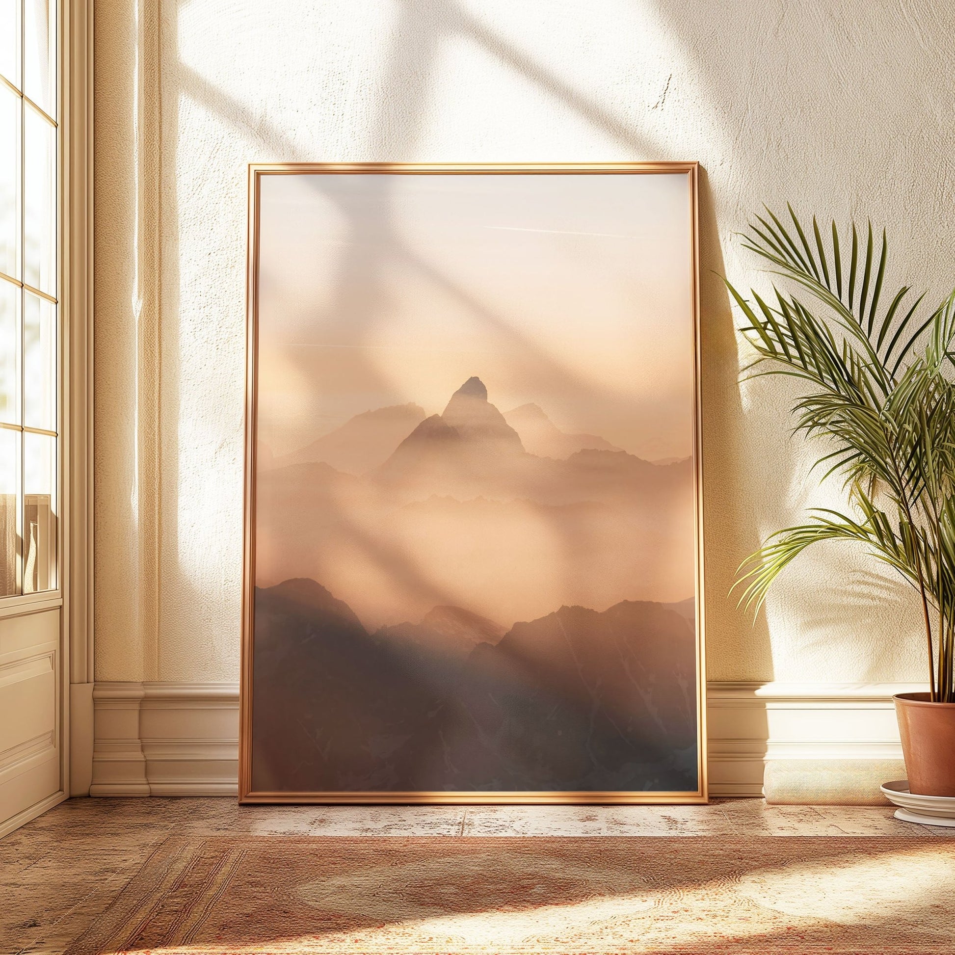 Framed artwork of the Matterhorn at sunrise, surrounded by hazy golden light.