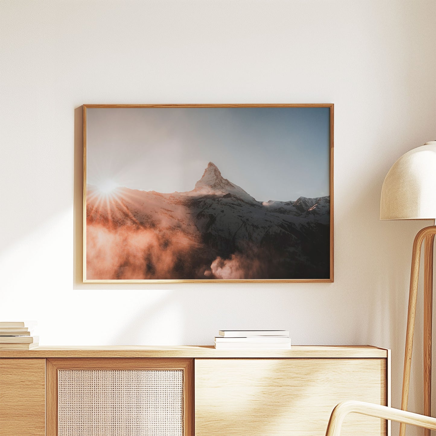 Floor-standing Matterhorn sunset print with warm cloud tones, perfect for mountain lovers.