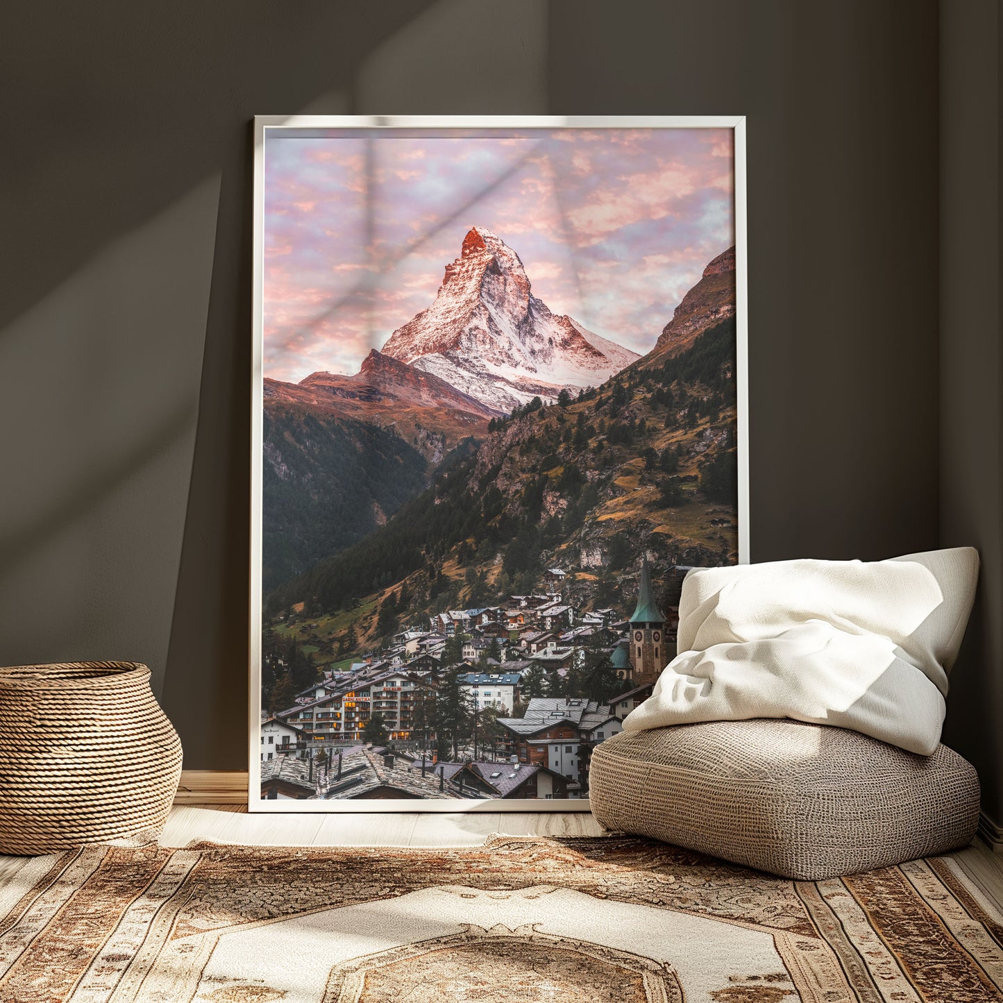 Sunrise over the Matterhorn in Zermatt, showcasing the alpine village and mountain landscape for a stunning wall art piece.