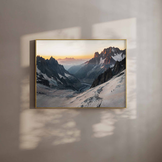 Golden sunset over Mer de Glace glacier in Chamonix, framed wall art