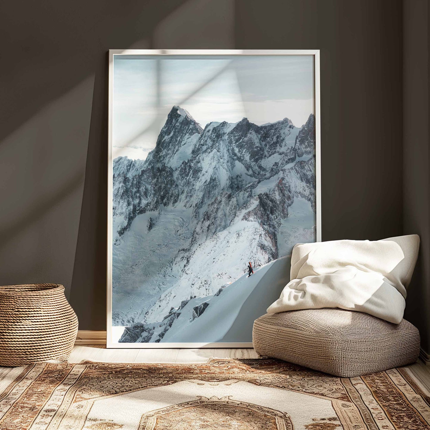 Skiing on the Midi Arete surrounded by alpine peaks, minimalist wall art in a white frame for cozy spaces.